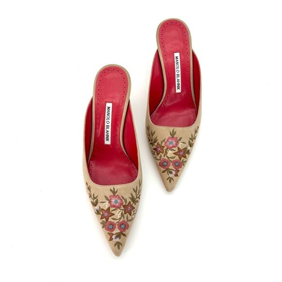 Manolo Blahnik Ornella Floral Embroidered Suede Slip On Kitten Heel Mules 38 - Picture 5 of 10
